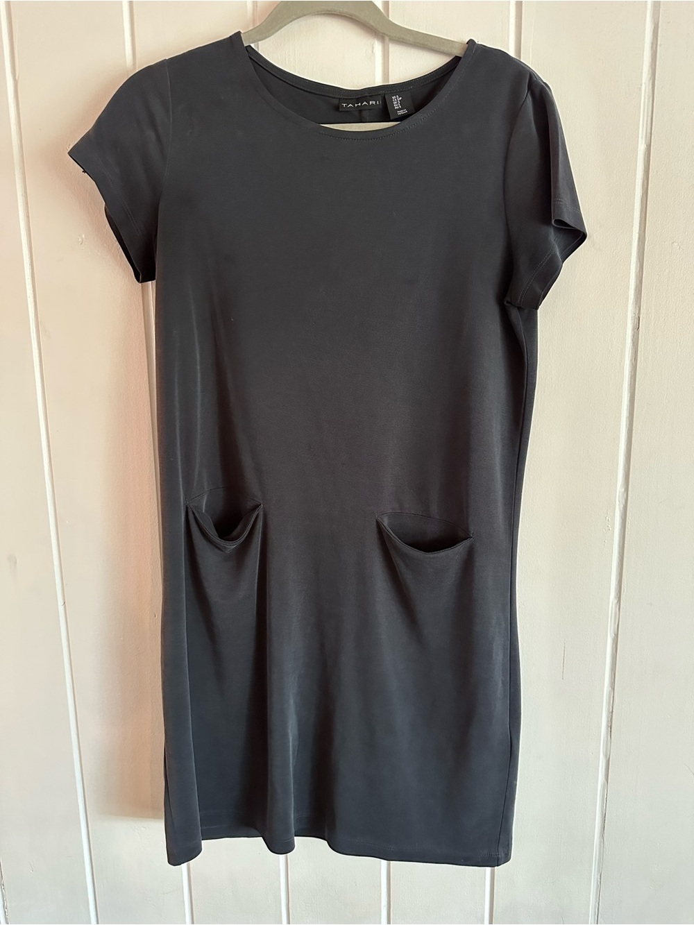 Tahari Black Short-Sleeve Shift Dress with Front Pockets